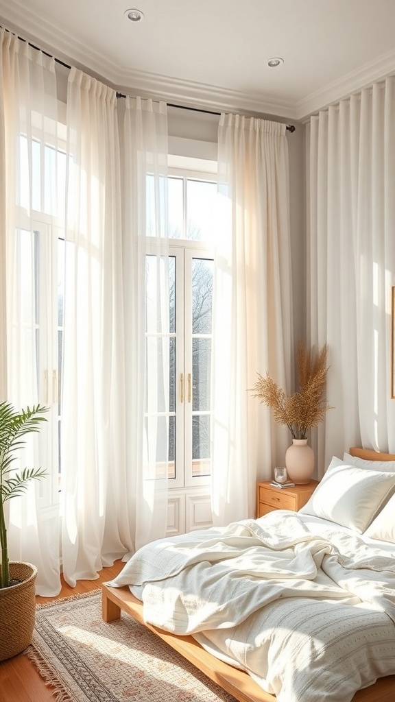 A cozy bedroom with sheer curtains allowing natural light, a wooden bed, and a potted plant.