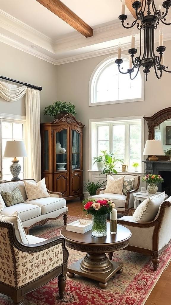 A cozy farmhouse living room featuring curved furniture, a round coffee table, and elegant decor.