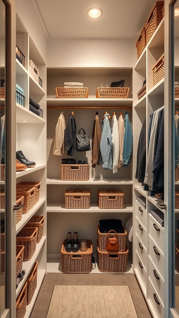 A well-organized walk-in closet featuring decorative baskets on shelves, showcasing a neat arrangement of clothing and accessories.