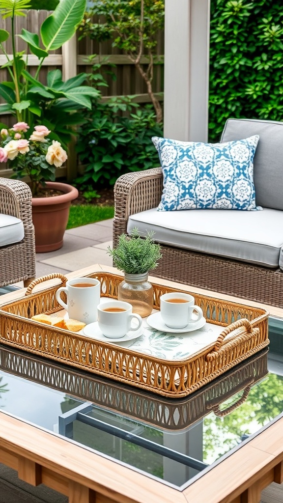 A cozy outdoor coffee table with a wicker tray holding cups of tea, a small plant, and snacks, surrounded by comfortable seating and greenery.