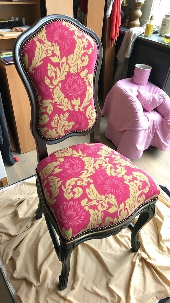 A colorful upholstered armchair in a bright living room with plants and natural light.