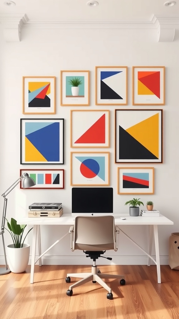 Gallery wall featuring geometric art in various colors and shapes.