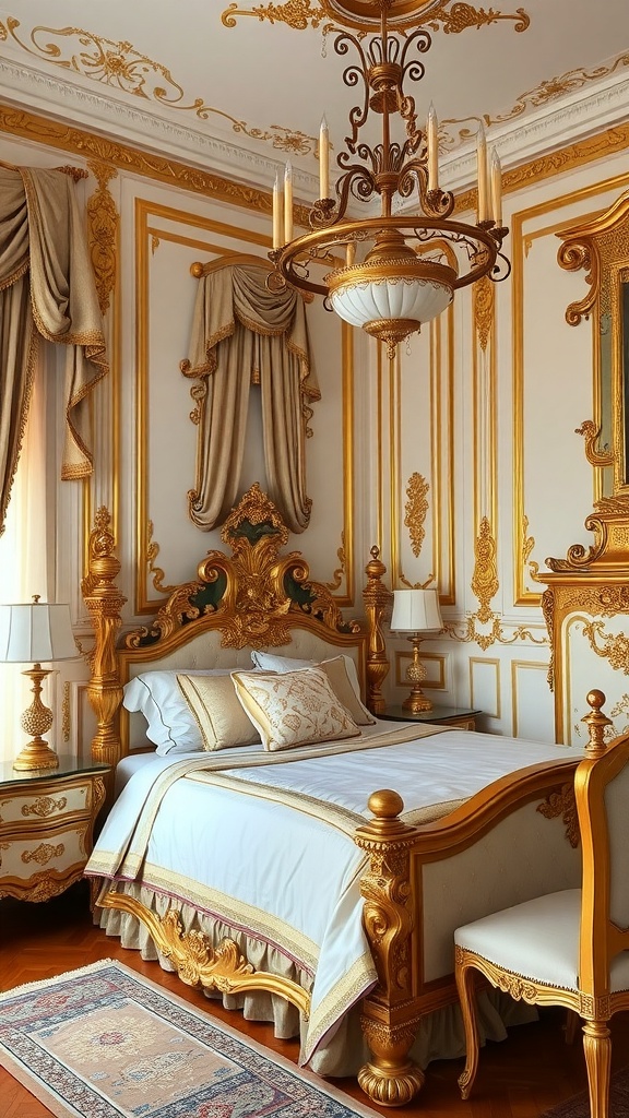A luxurious Rococo bedroom featuring gold and gilded accents, ornate furniture, and elegant decor.