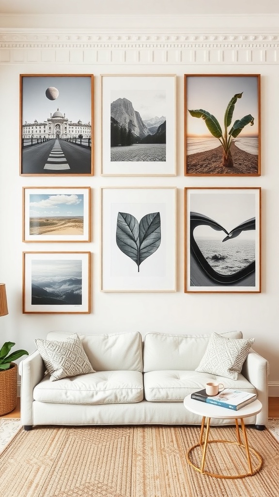 Gallery wall featuring a variety of large canvas prints in different styles and frames, with a cozy sofa in front.