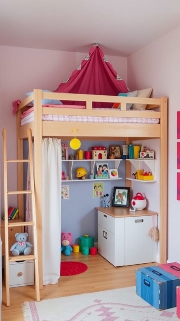 A children's room featuring a loft bed with a pink canopy, a play area underneath, and colorful toys.