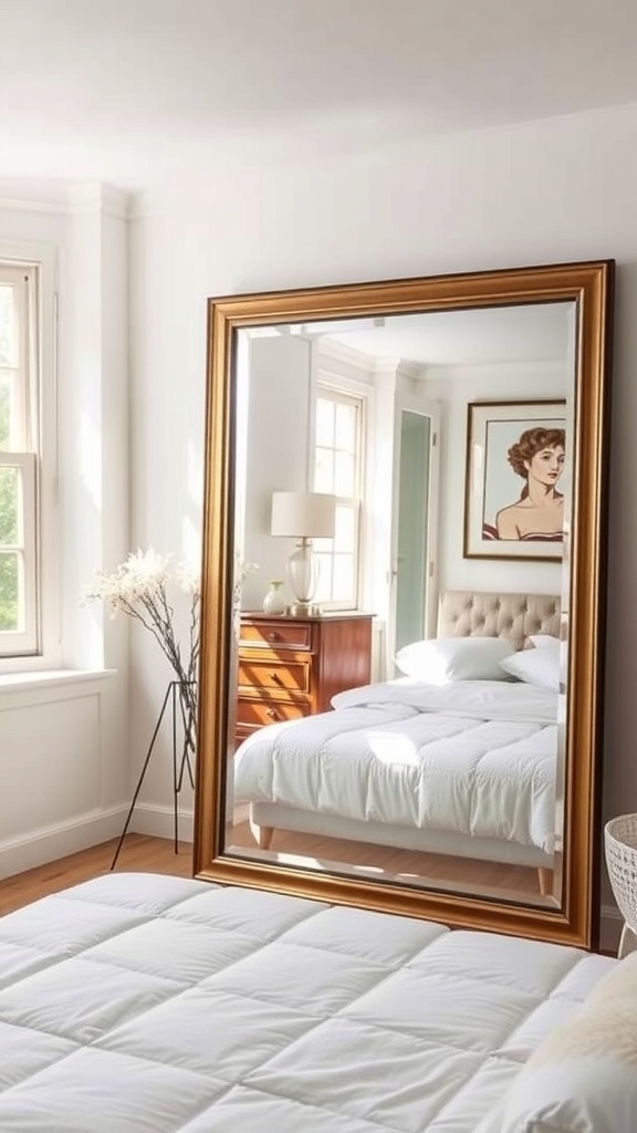 A cozy bedroom featuring a large mirror that reflects light and creates an illusion of space.