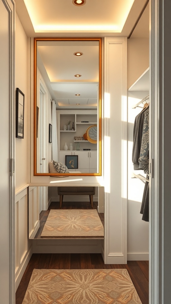 A stylish hallway featuring a large mirror with a golden frame, bright lighting, and a cozy bench.