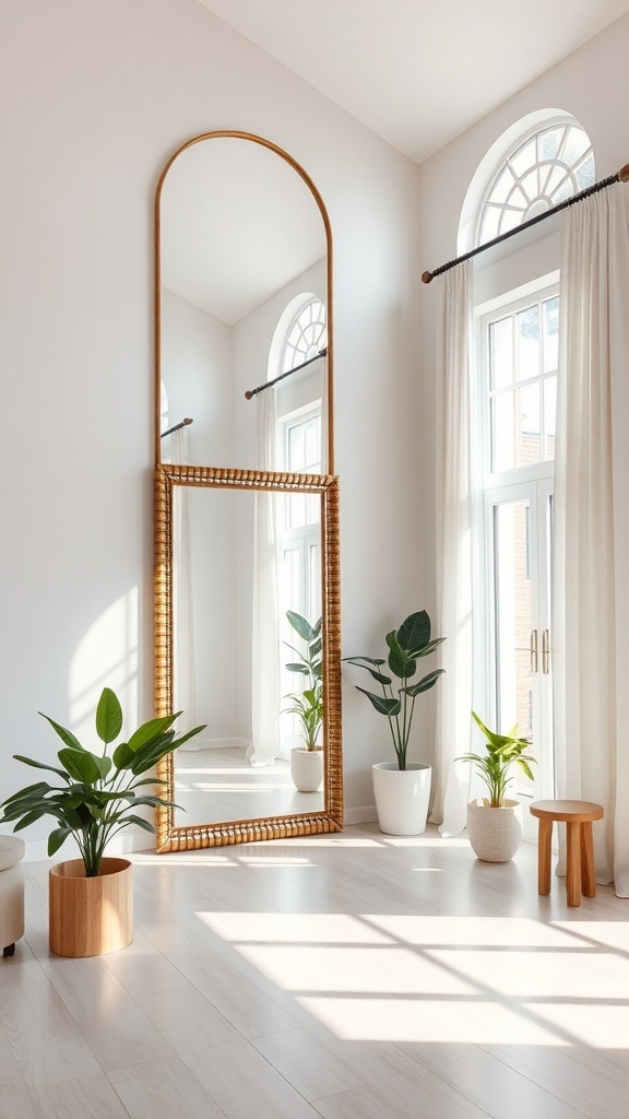 A bright room featuring a large arched mirror, plants, and natural light.