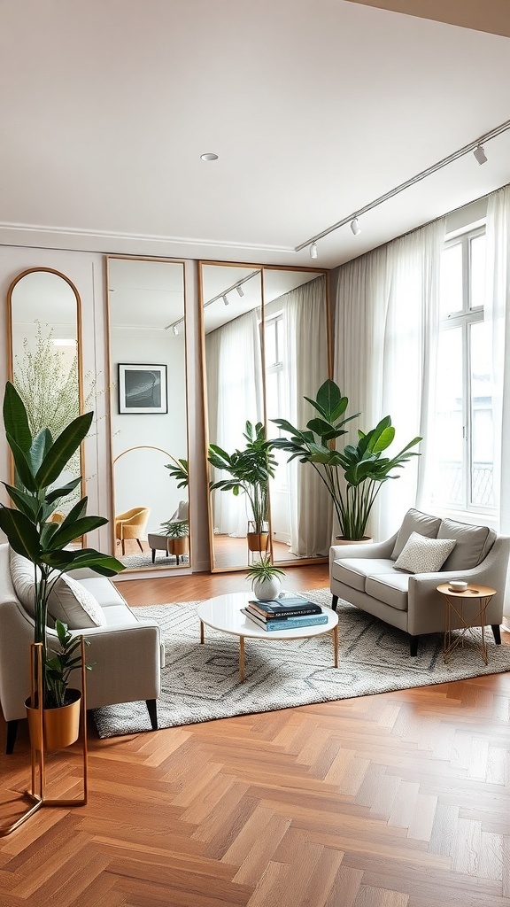 A stylish living room with large mirrors reflecting light, plants, and modern furniture.