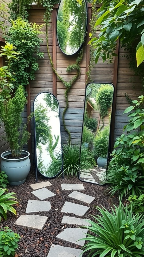 A garden featuring multiple mirrors reflecting greenery, enhancing the perception of space.