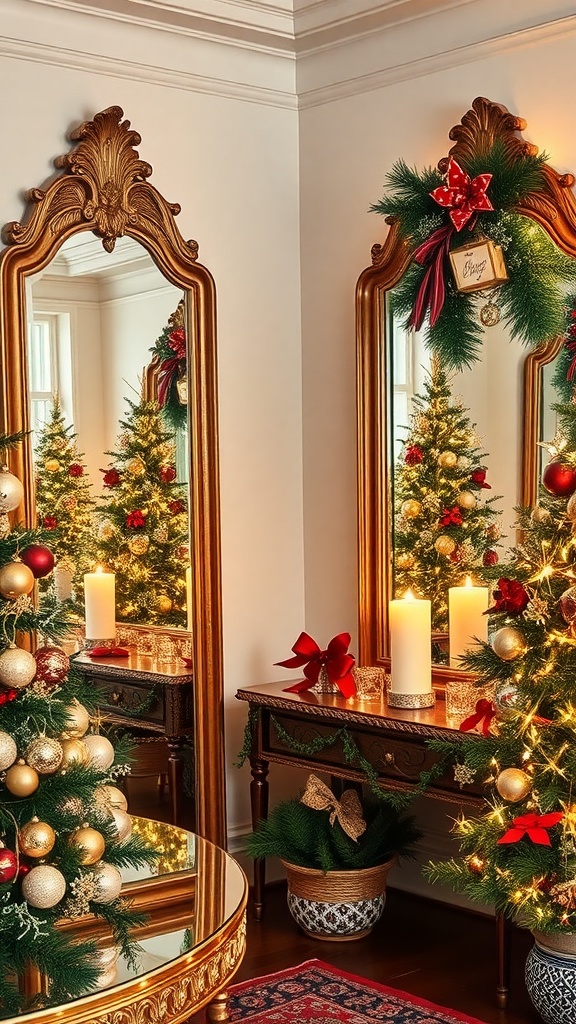 A beautifully decorated room featuring two gold-framed mirrors, a Christmas tree, and festive decorations.