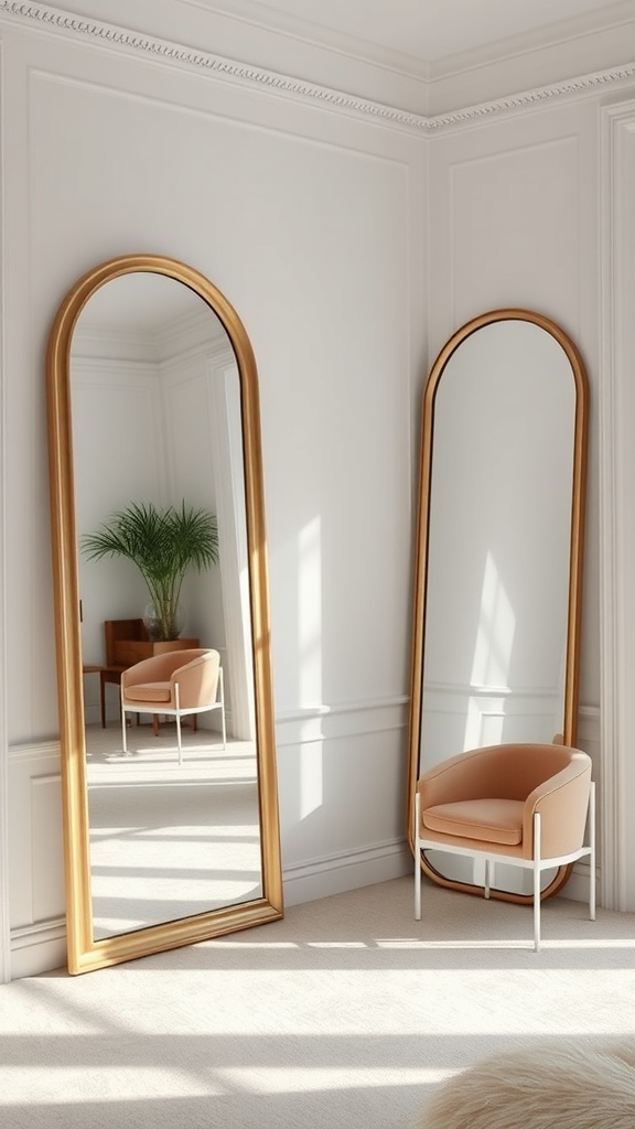 Two elegant mirrors with gold frames in a bright room featuring a cozy chair and a plant.