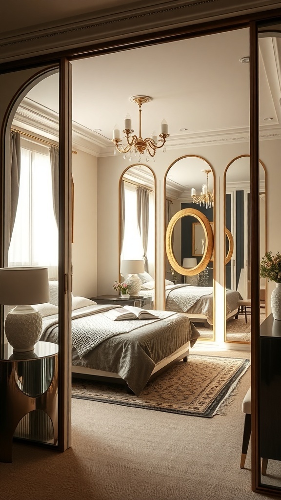 A luxurious Art Deco bedroom featuring large mirrors, a window with a view, and elegant furnishings.