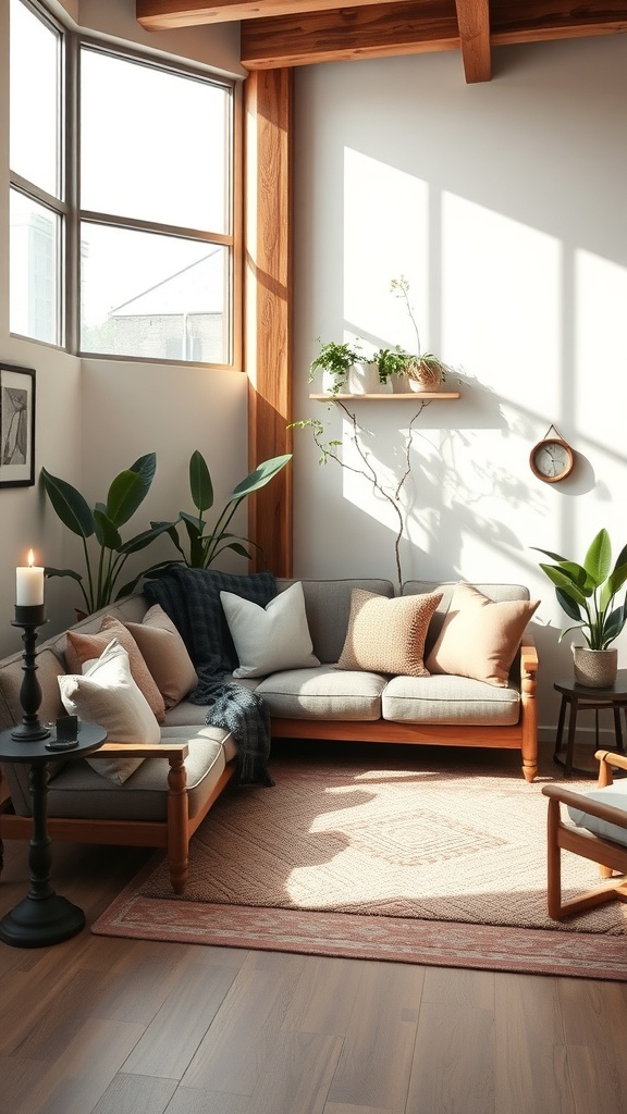 A cozy sunken couch area with natural elements, featuring wooden beams, plants, and soft pillows.