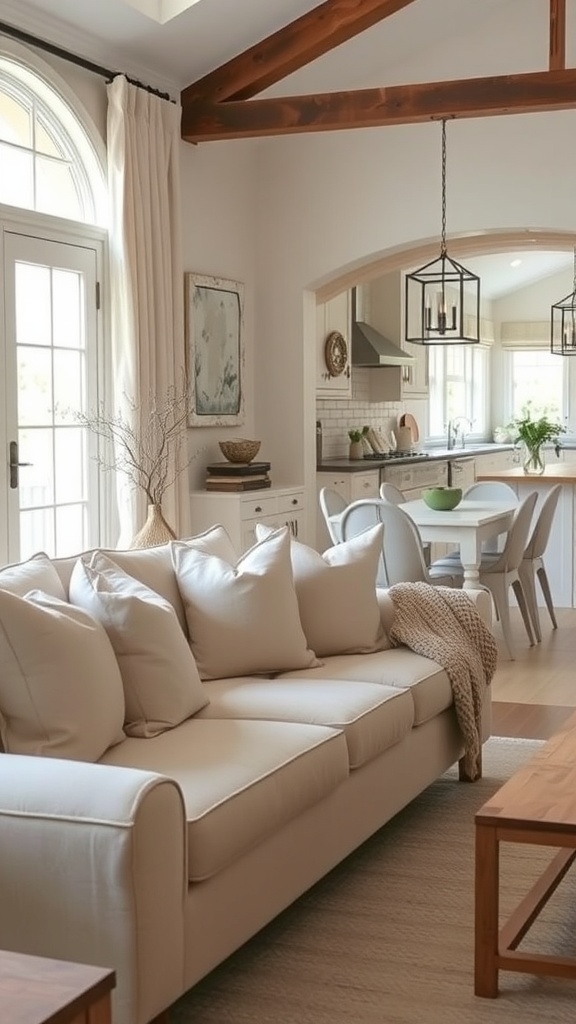 Cozy living room with a cream sofa, plush pillows, and natural light