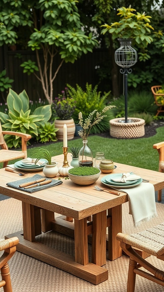 A cozy outdoor coffee table set with nature-inspired tableware, featuring a wooden table, green plants, and decorative elements.