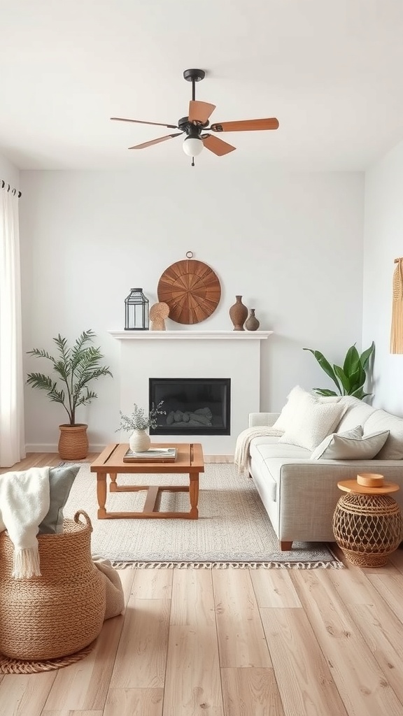 A cozy living room featuring neutral colors, light wood flooring, and natural decor elements.