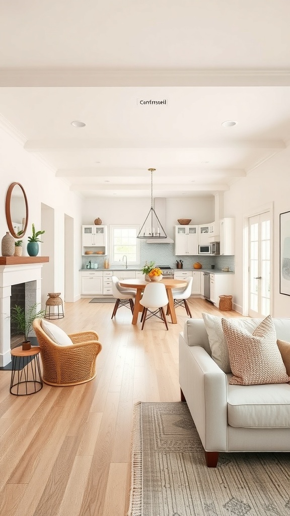 A cozy farmhouse kitchen and living area featuring neutral colors, light wood flooring, and inviting furniture.