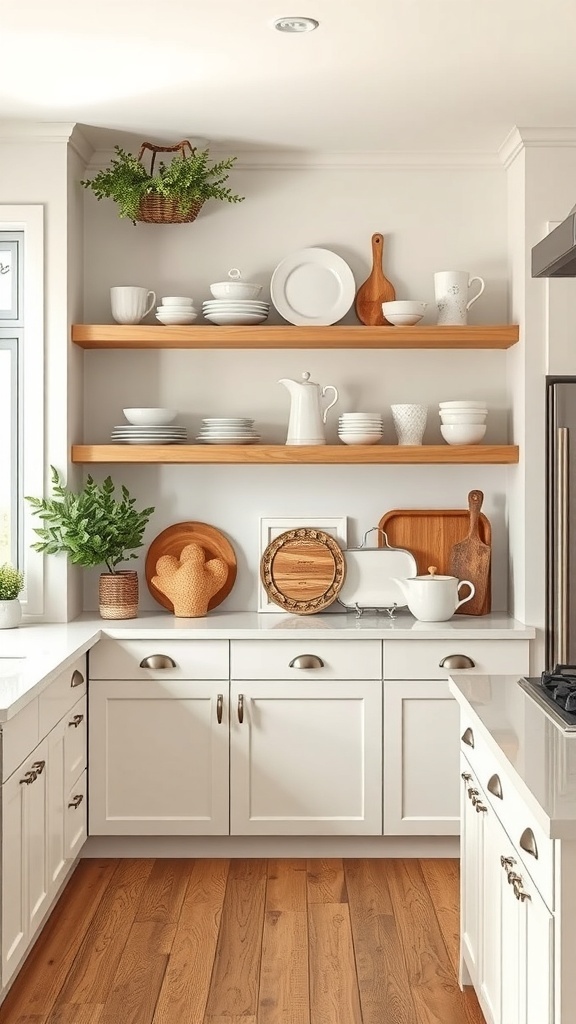 Open shelving in a modern farmhouse kitchen displaying white dishware, wooden accents, and greenery.