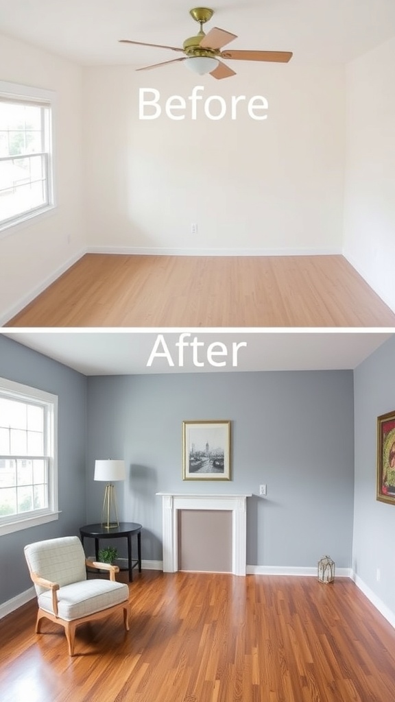 Before and after image showing a room transformation with paint.