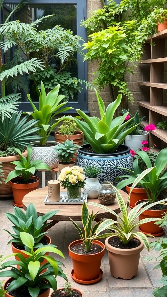 A cozy outdoor coffee table surrounded by various potted plants, showcasing different pot styles and plant types.