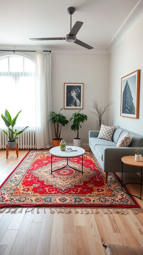 A cozy living room with a vibrant red rug, a gray sofa, and plants.