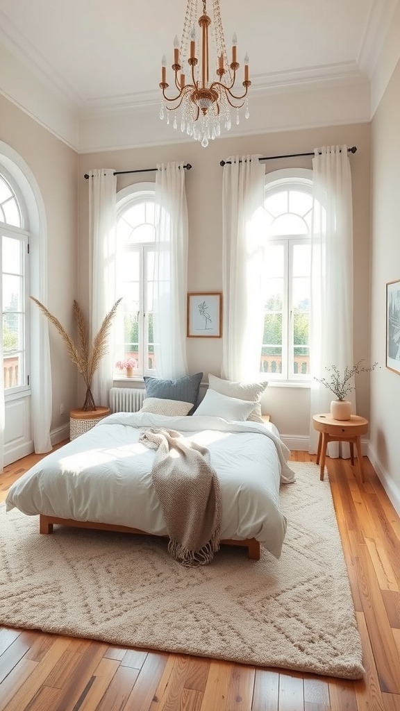 A cozy bedroom featuring a large textured rug under the bed, with natural light streaming in through large windows.