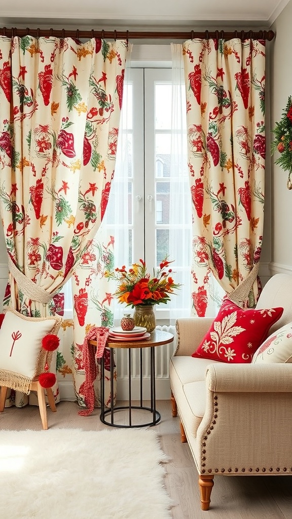 A cozy living room with festive curtains, decorative pillows, and a small table with flowers.