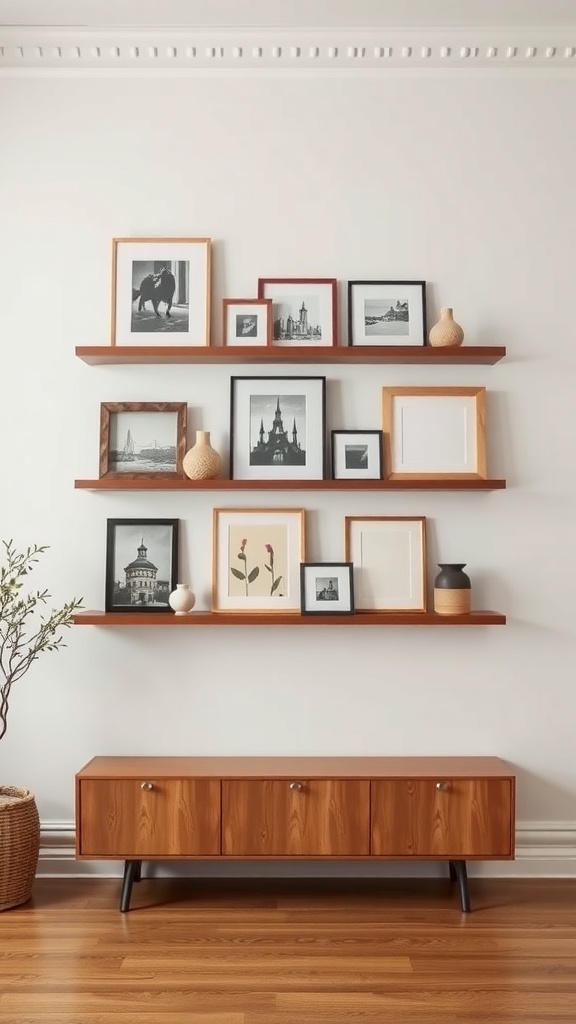 A stylish display of framed art and decorative items on wooden shelves.