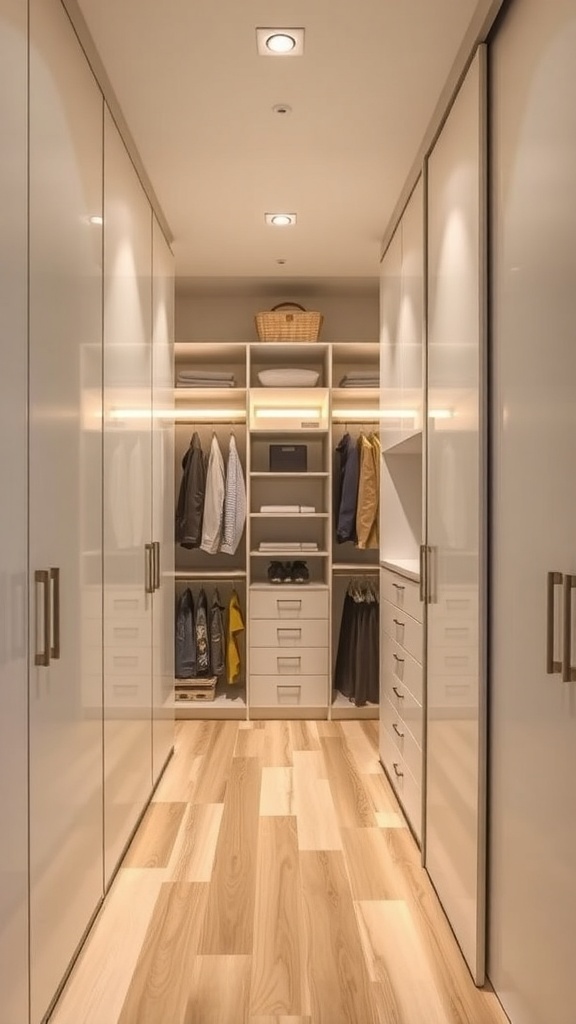 A modern walk-in closet featuring sliding doors, organized shelves, and drawers.