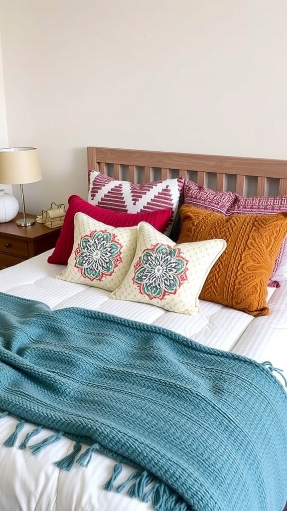 A cozy bed with colorful pillows and a throw blanket, showcasing stylish home makeover ideas on a budget.