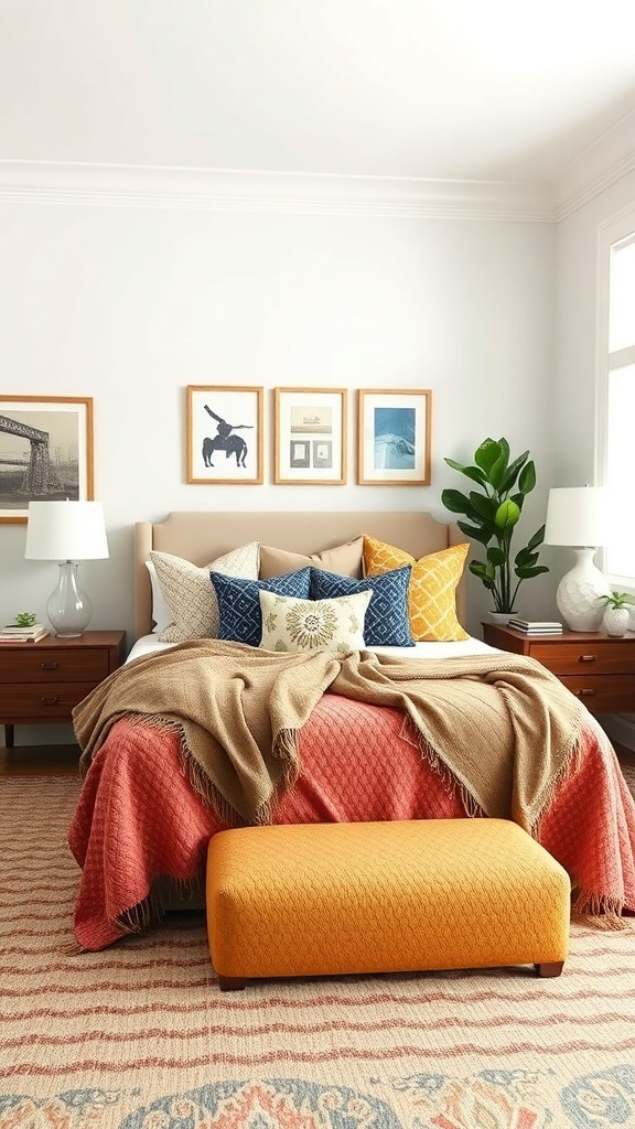 A cozy bedroom featuring layered bedding, colorful pillows, a throw blanket, and an orange ottoman.
