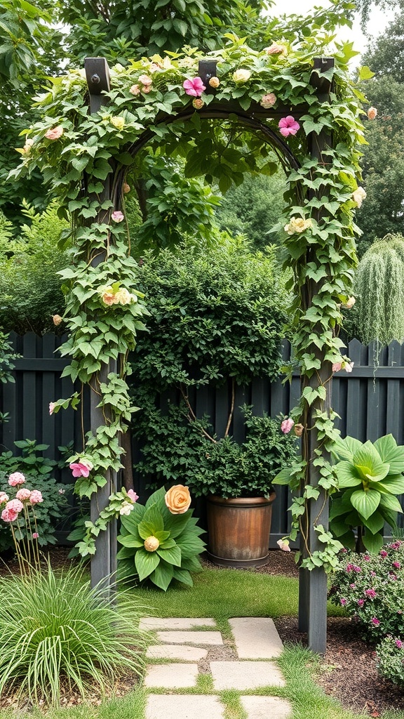 A wooden trellis covered with climbing flowers in a garden setting
