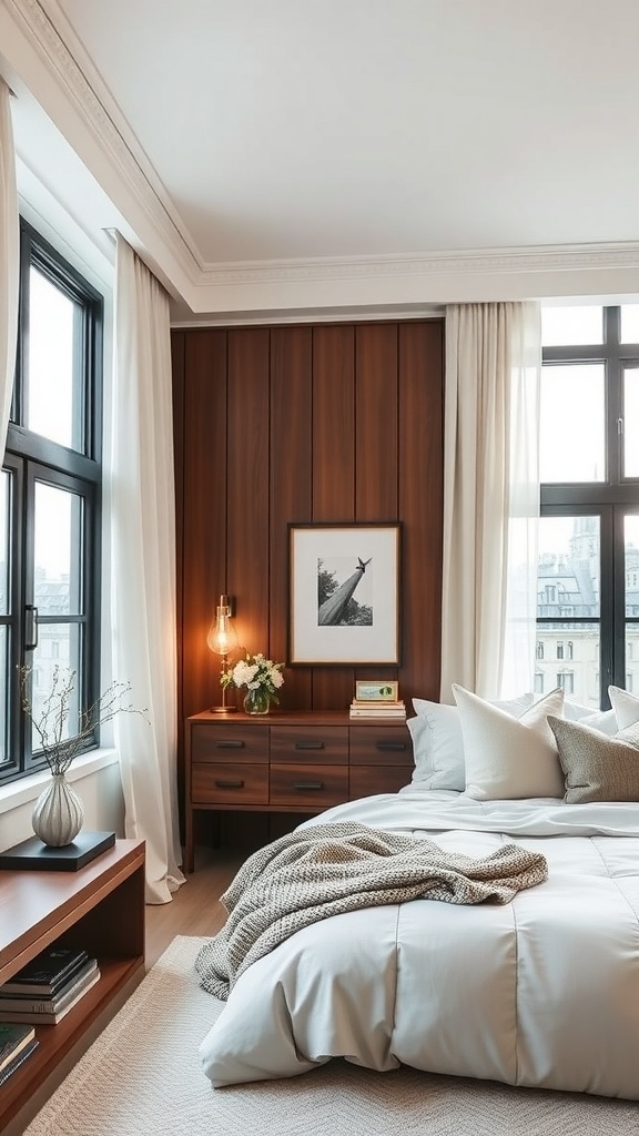 A cozy bedroom featuring wall-mounted lighting, wooden accents, and soft bedding.