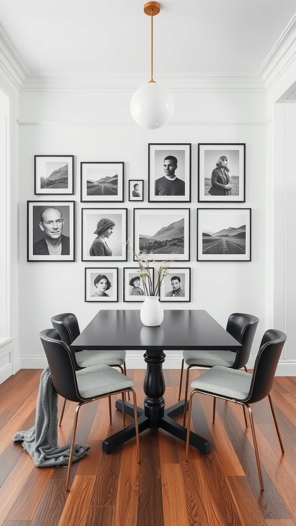 A gallery wall featuring black and white photography in a modern dining area.