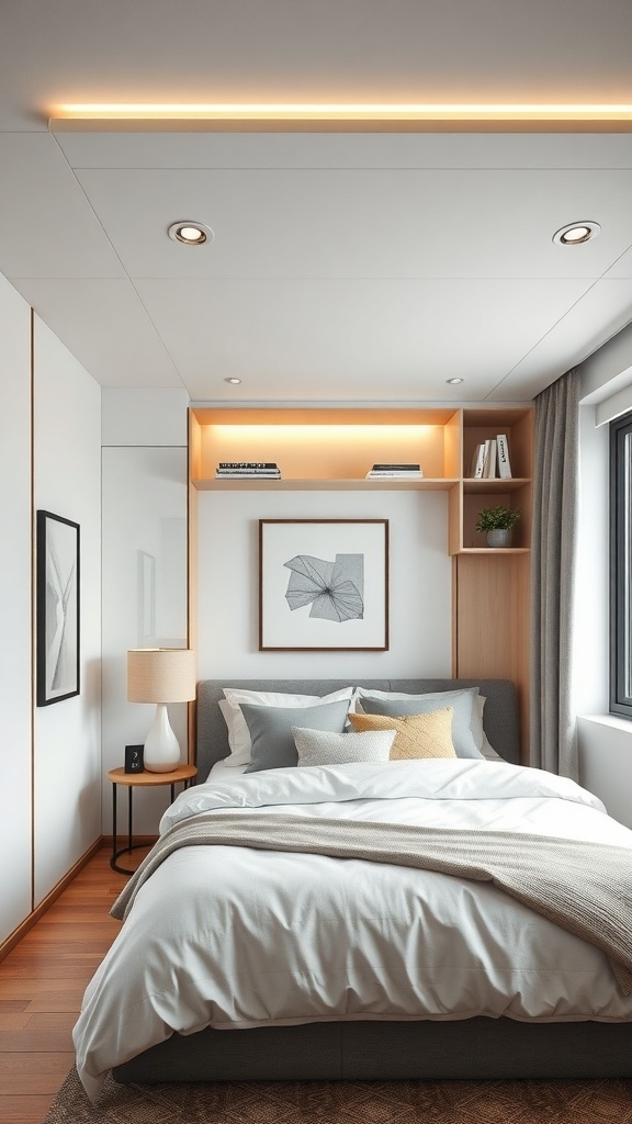 A modern small bedroom with ceiling storage shelves above the bed, featuring soft lighting and a cozy atmosphere.