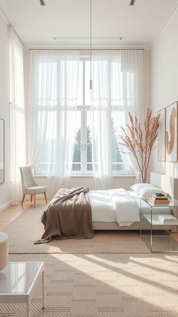 A cozy small bedroom featuring clear furniture, large windows with sheer curtains, and warm tones.