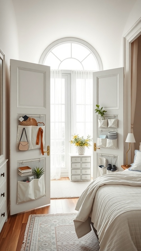 A stylish bedroom with closet doors used for storage, featuring shelves and pockets for organization.