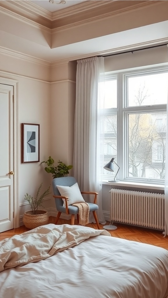 Cozy corner in a small bedroom with a chair, plant, and window