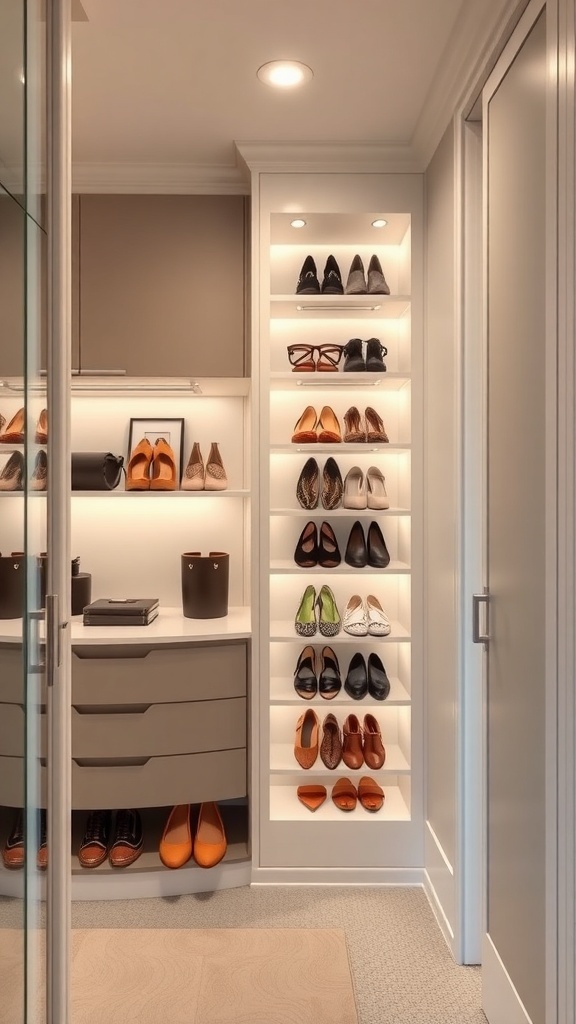 A small walk-in closet with corner shelves displaying various shoes, complemented by a curved drawer unit.