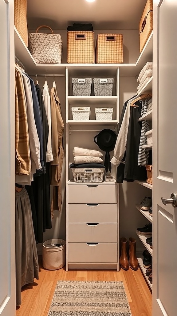 A well-organized small closet with corner shelves and storage baskets.