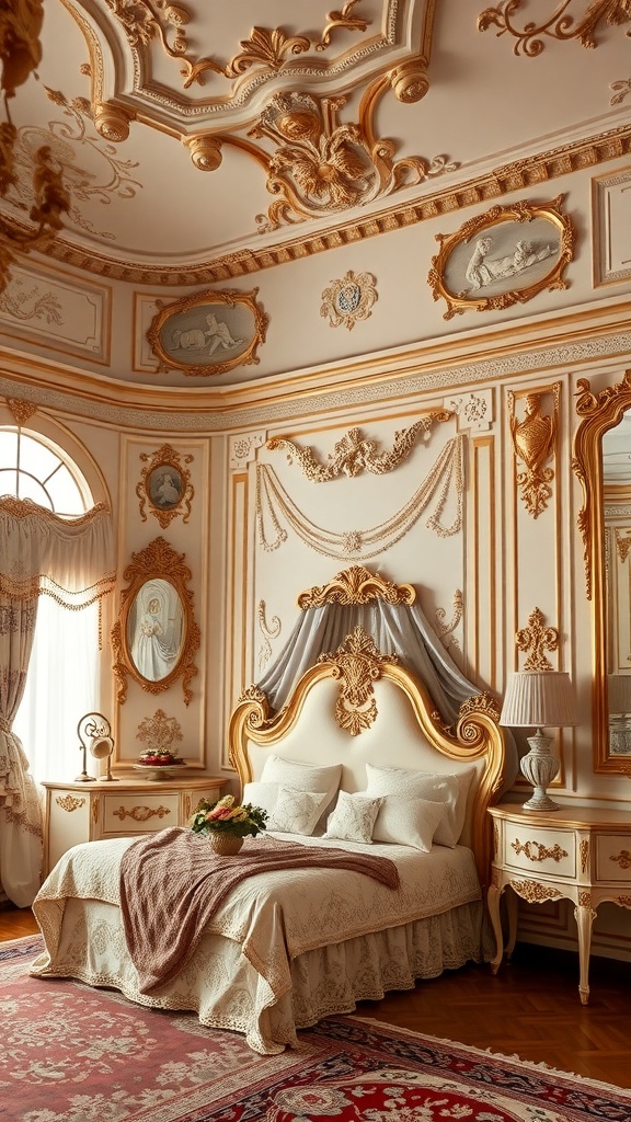 A beautifully styled Rococo bedroom featuring intricate decorative moldings on the walls and ceiling, showcasing a luxurious and elegant design.