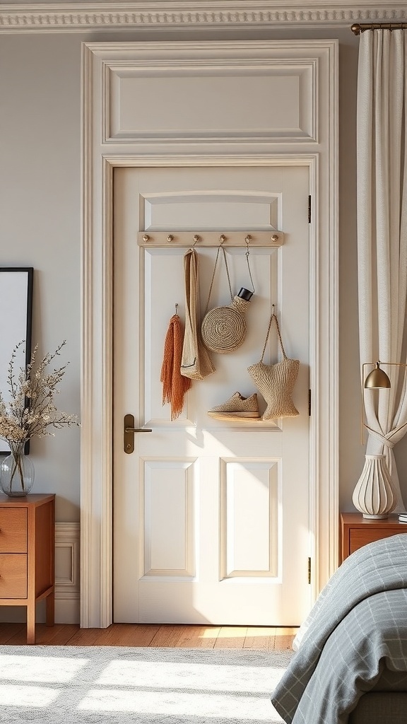 A door with hooks and baskets for storage in a stylish bedroom