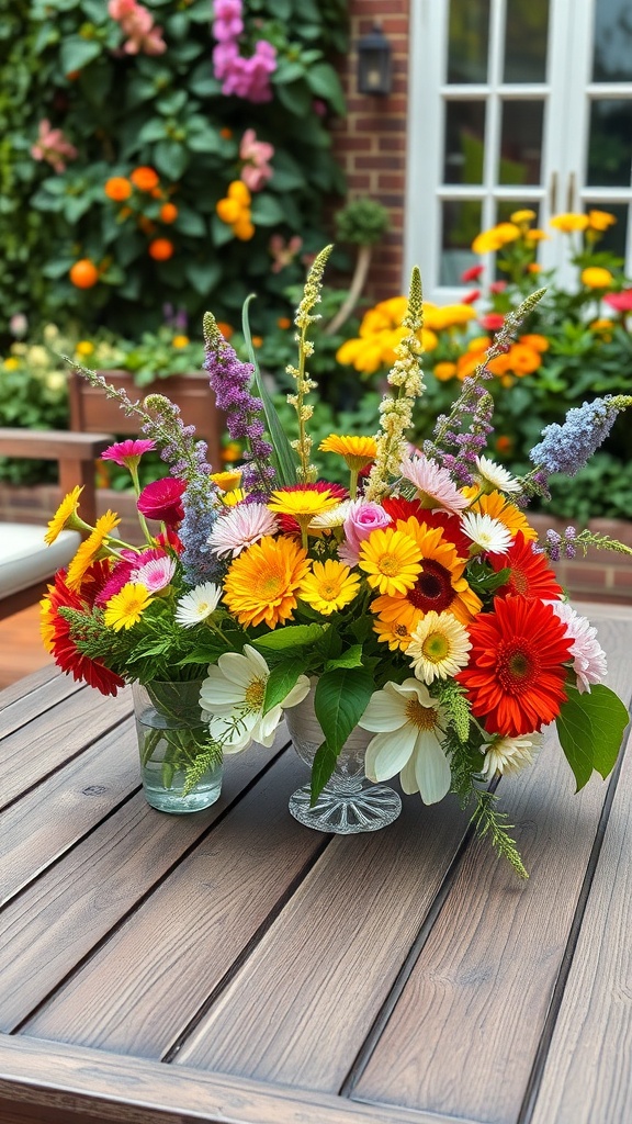 A vibrant arrangement of edible flowers on a wooden coffee table, surrounded by greenery.