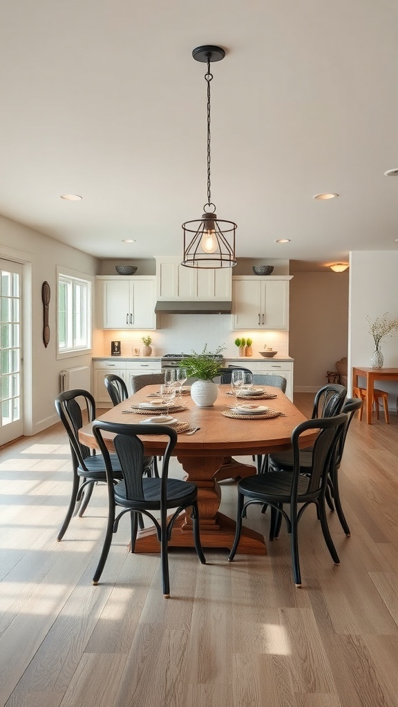 A cozy dining area featuring a wooden table with black chairs and a pendant light hanging above.