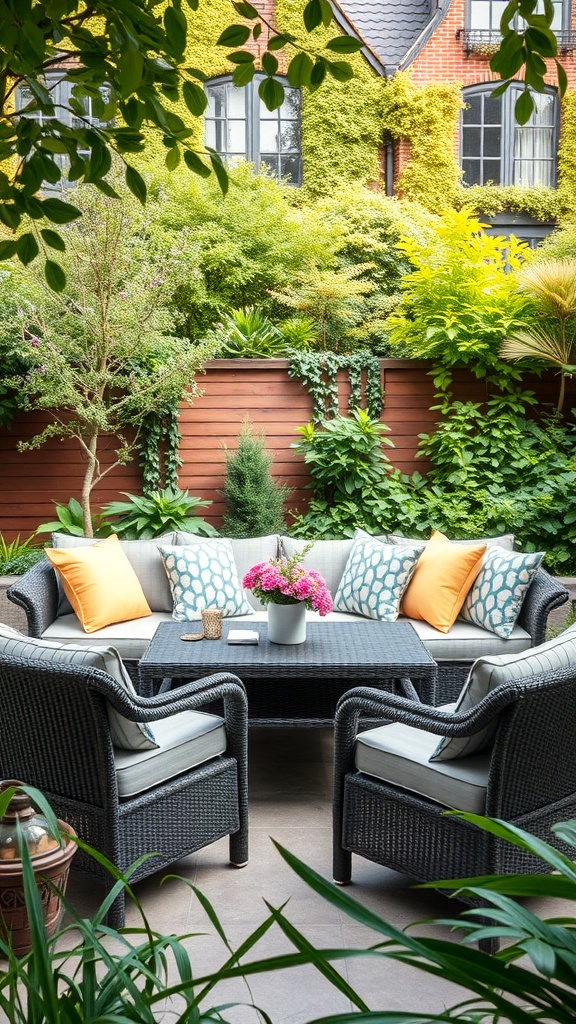A cozy garden seating area with comfortable chairs and colorful cushions surrounded by lush greenery.