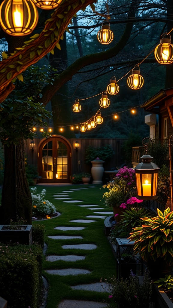 A beautifully lit garden path with lanterns and string lights, creating a cozy atmosphere.