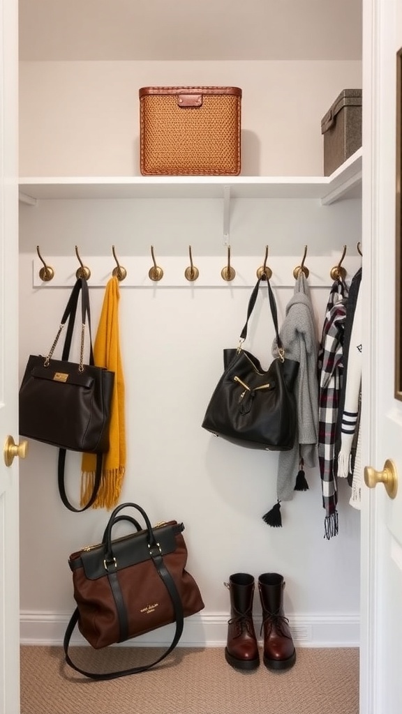 A walk-in closet featuring hooks for bags and scarves, showcasing organized storage.