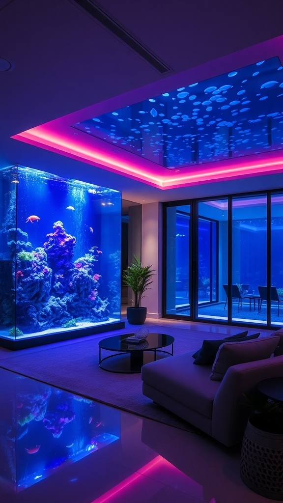 A stylish aquarium illuminated with blue and pink LED lights, creating a dramatic effect in a modern living space.
