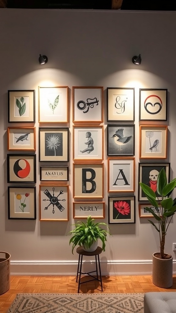 A gallery wall with various framed artworks illuminated by wall lights, featuring a plant in front.